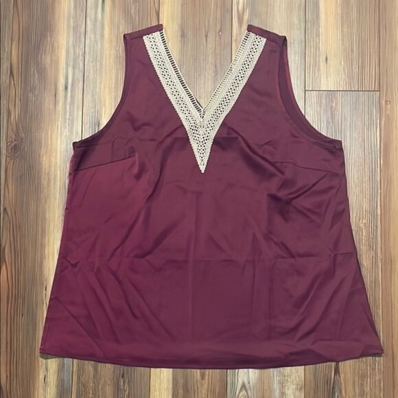 Women’s Wine Plunge Neckline with Cream Embroidery Detail Sleeveless Tank Top - Picture 1 of 3